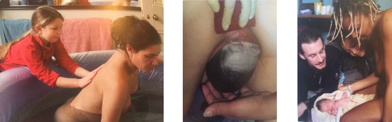 Three-photo montage from Birth IN Focus. First photo, woman in homebirth pool having a back massage from a girl of around 10 years. Second photo, baby's head just emerging. Third photo, new parents look at their newborn baby.