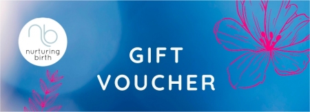 Blue gift voucher with the Nurturing Birth logo, the words Gift Voucher in white and red flowers on a blue background.