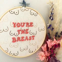 Embroidery hoop with embroided breasts and "you're the breast"
